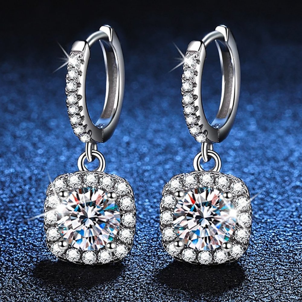 Certified 2ct. t.w. Moissanite Diamond Cushion Halo Drop Hoop Earrings NEW - Picture 1 of 12